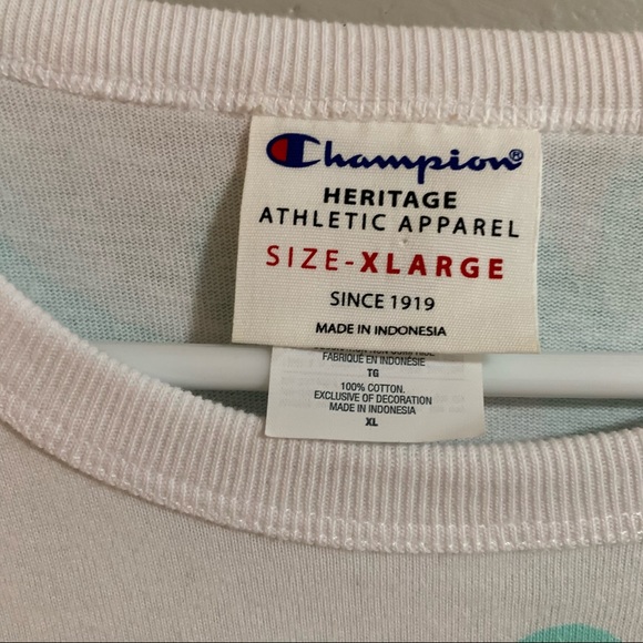 Men’s White Chamipion Heritage Athletic Apparel With Turquoise Blue Lettering - Picture 3 of 5